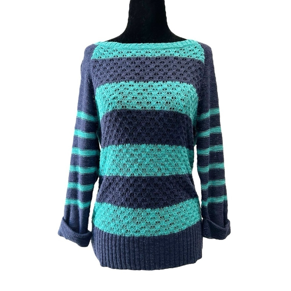 Ricki’s Striped Blue Teal Sweater Lightweight Cotton Open Weave Size Small